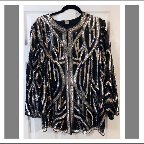 SOLD ON ETSY Vintage 90s Black & Silver Sequined Trophy Jacket - Picture 3 of 7